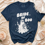 Navy t-shirt with "Bride of Boo" text and a ghost bride graphic.