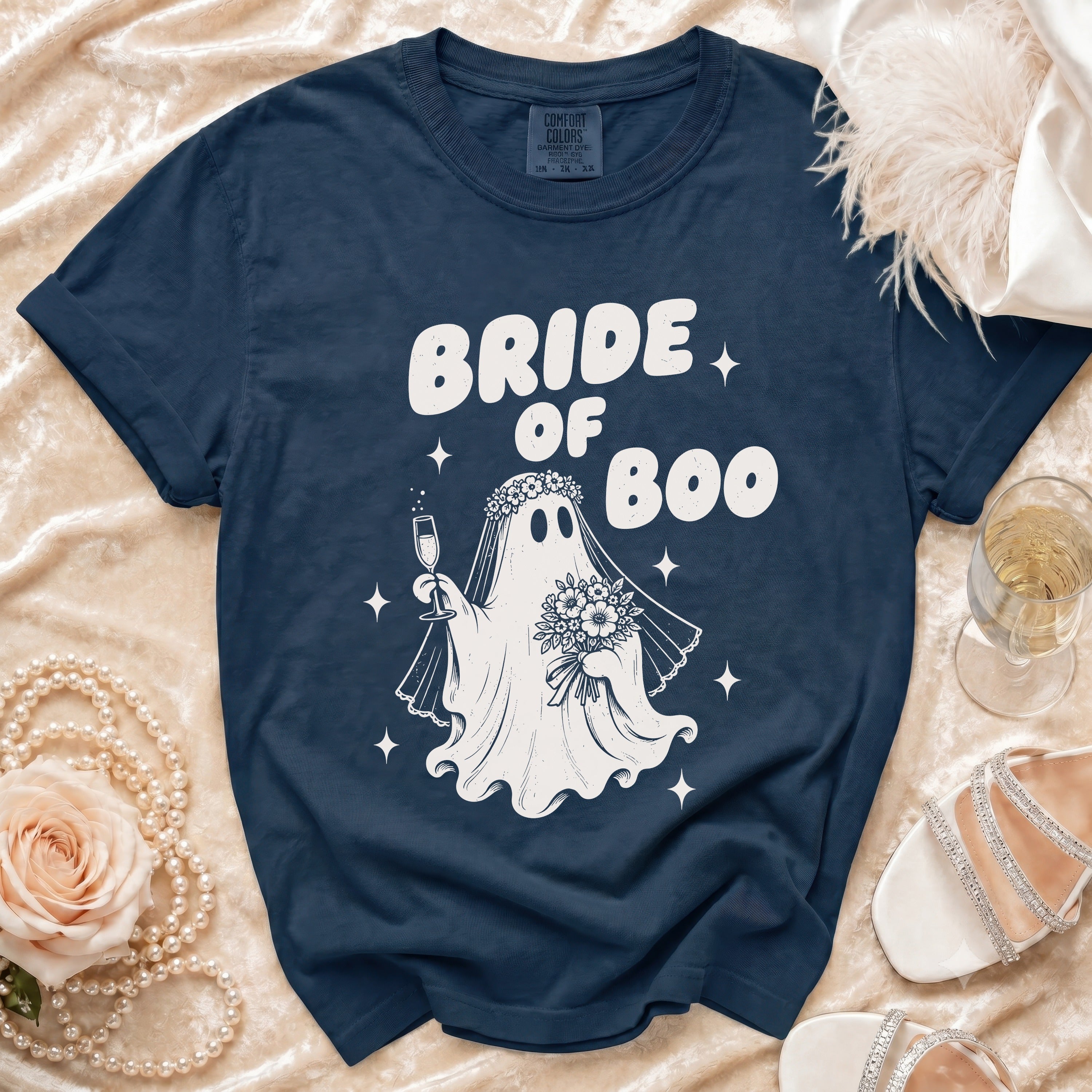 Navy t-shirt with "Bride of Boo" text and a ghost bride graphic.
