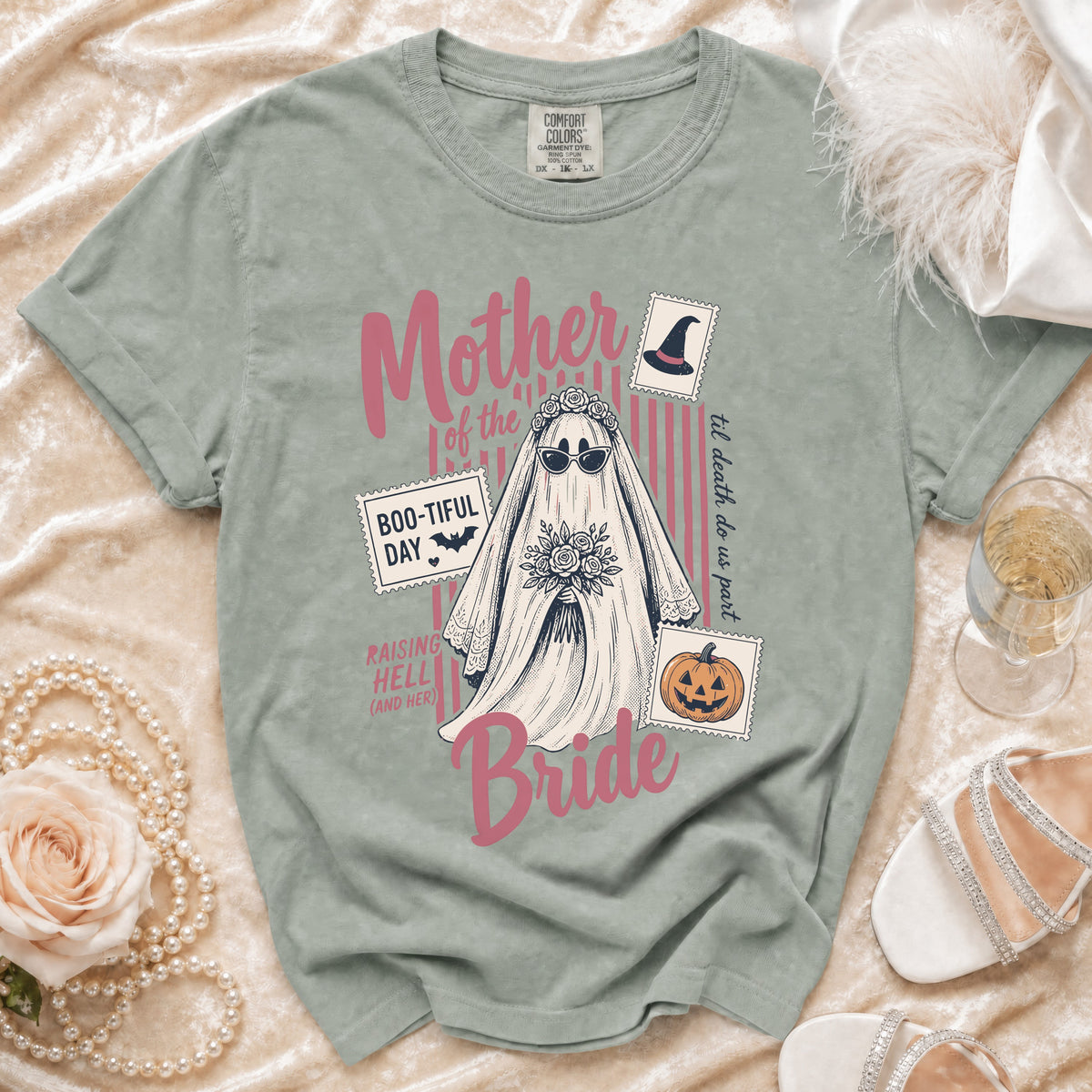 T-shirt with ghost bride graphic and text "Mother of the Bride, til death do us part".