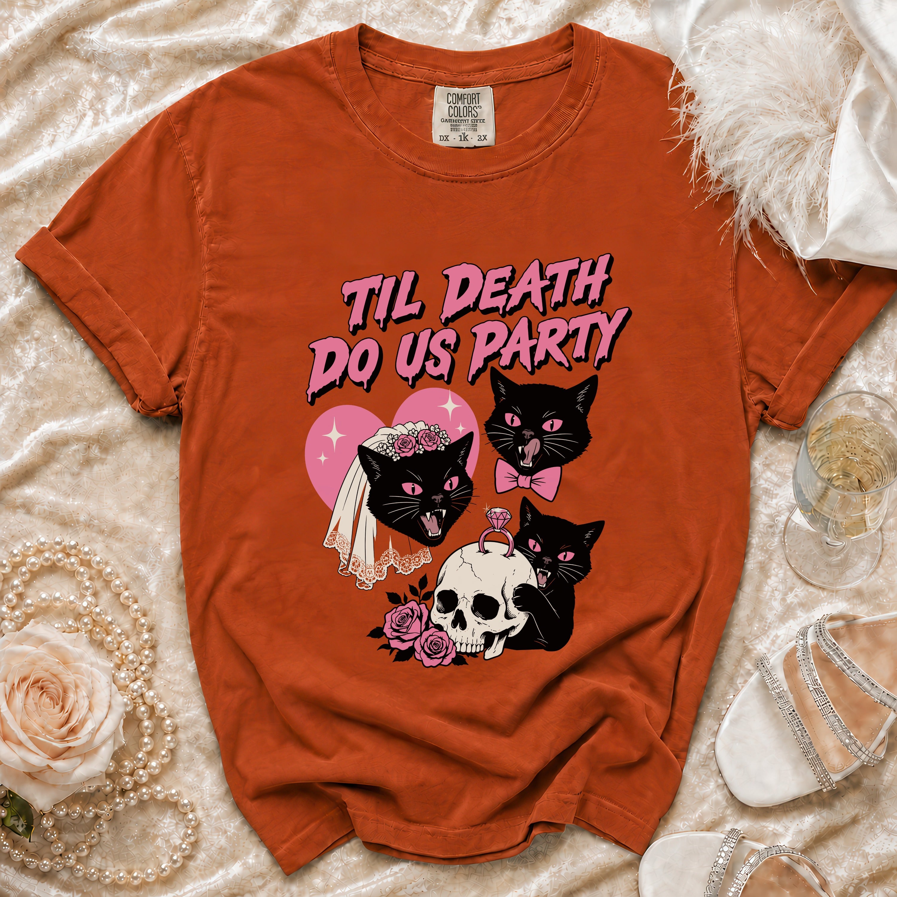 Orange t-shirt with "Til Death Do Us Party" text and black cats.