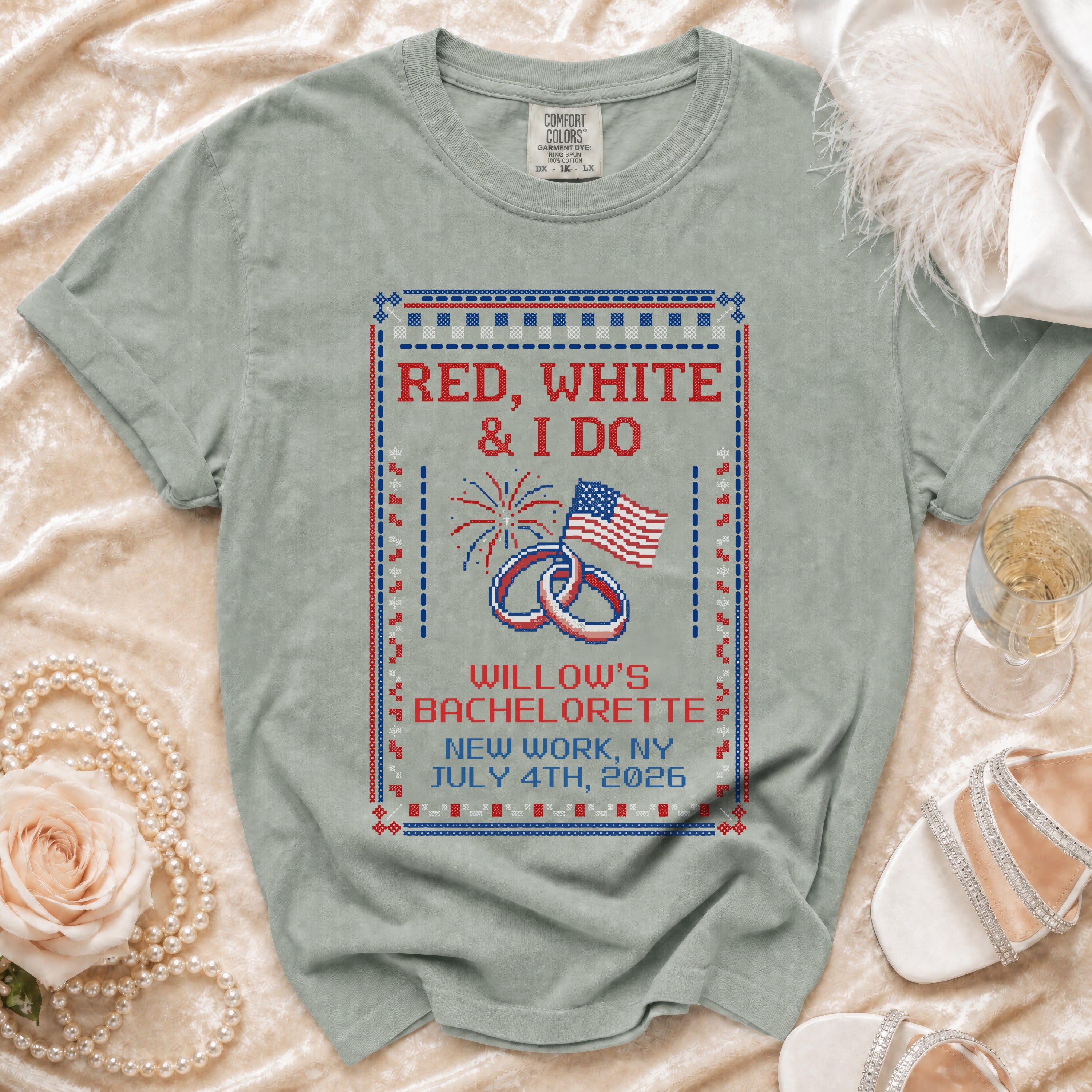 Red, White & I Do Willow's Bachelorette shirt with July 4th, 2026 date.