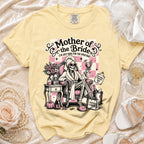 Yellow t-shirt graphic: Skeleton mother of the bride with drink, "(I'M JUST HERE FOR THE OPEN BAR)".