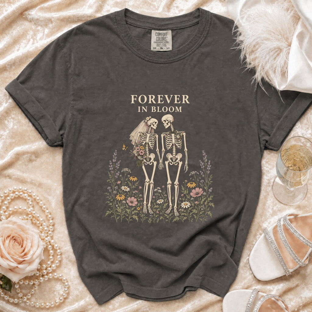Dark grey t-shirt with skeleton bride and groom graphic, text "Forever in Bloom".