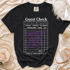 Black t-shirt with "Guest Check" and "Mother of the Bride" text.