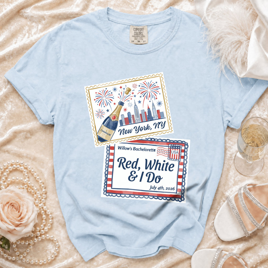 Light blue t-shirt with "Willow's Bachelorette Red, White & I Do" design.