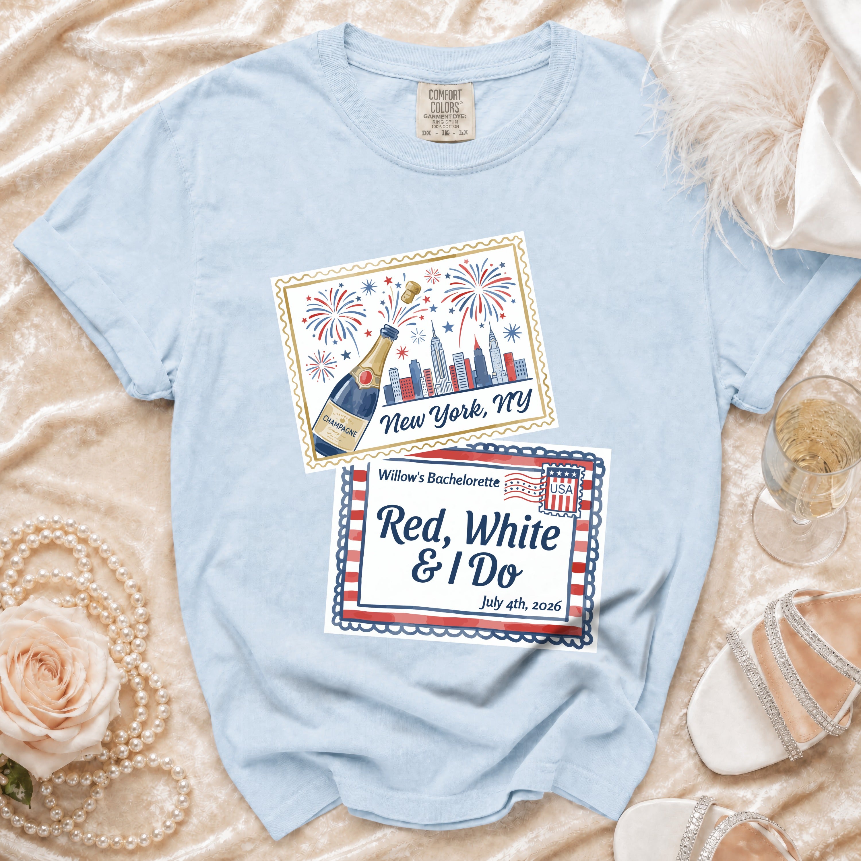Light blue t-shirt with "Willow's Bachelorette Red, White & I Do" design.