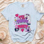 Light blue t-shirt with "Til Death Do Us Party" graphic featuring a ghost bride.