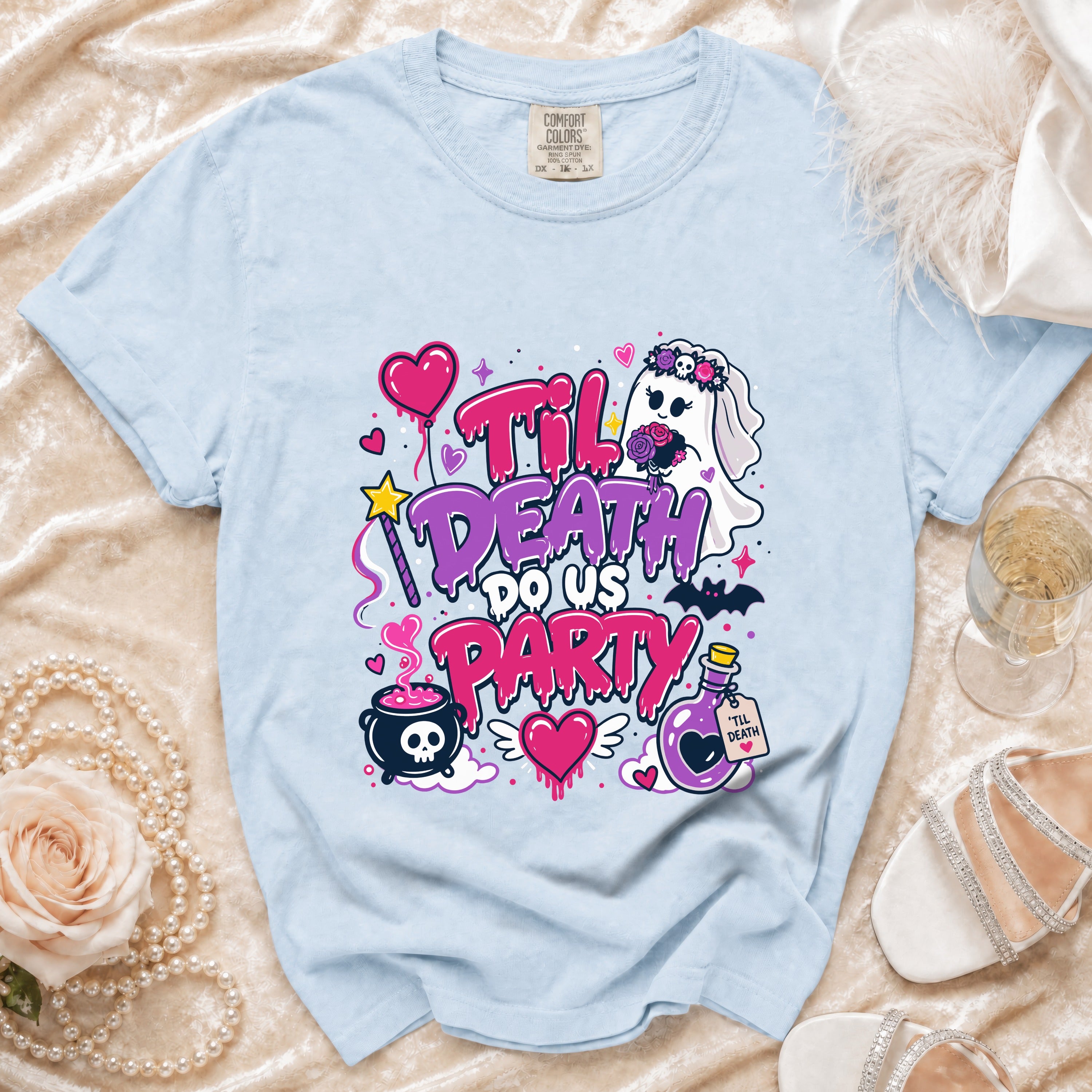 Light blue t-shirt with "Til Death Do Us Party" graphic featuring a ghost bride.