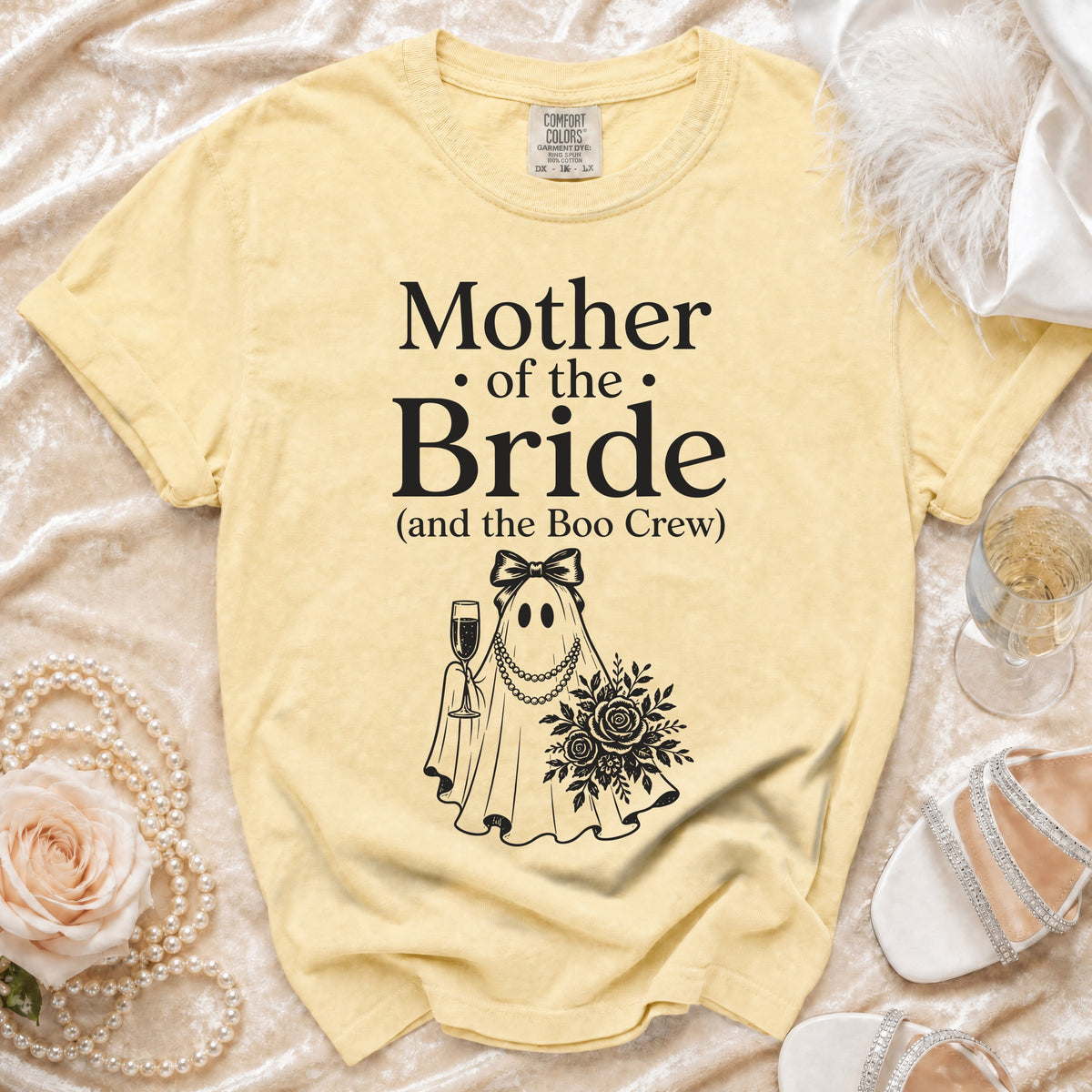 Yellow shirt with "Mother of the Bride (and the Boo Crew)" text and ghost graphic.