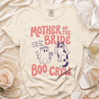 Cream t-shirt with "Mother of the Bride Boo Crew" text and ghost/cat bride graphics.