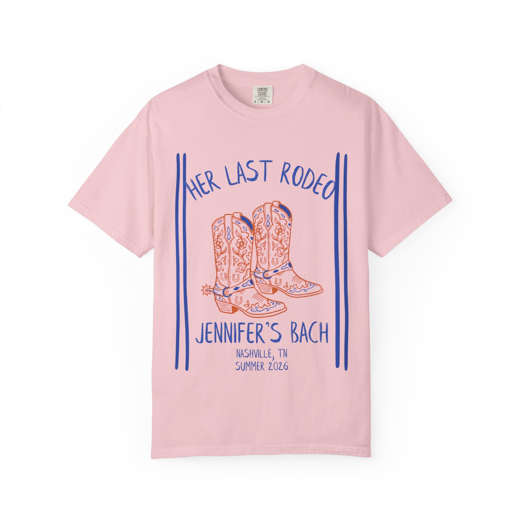 Pink t-shirt with "Her Last Rodeo" and cowboy boots graphic.