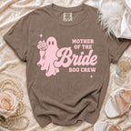 Brown t-shirt with pink ghost graphic saying "MOTHER OF THE BRIDE BOO CREW".
