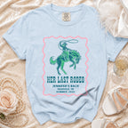 Light blue t-shirt with "Her Last Rodeo" text and cowboy graphic.