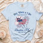 Light blue t-shirt with "Red, White & I Do" and bachelorette details for Austin, TX.