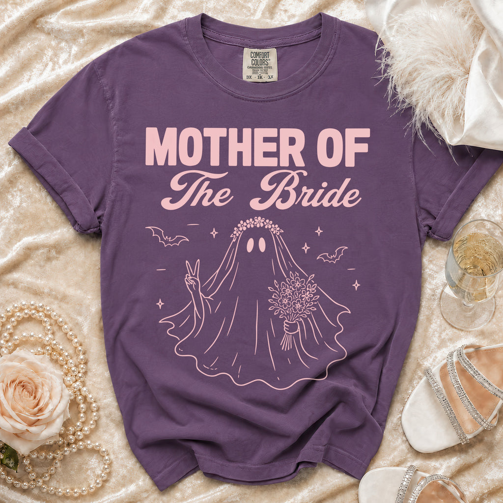 Purple t-shirt with "Mother of The Bride" text and a ghost bride graphic.