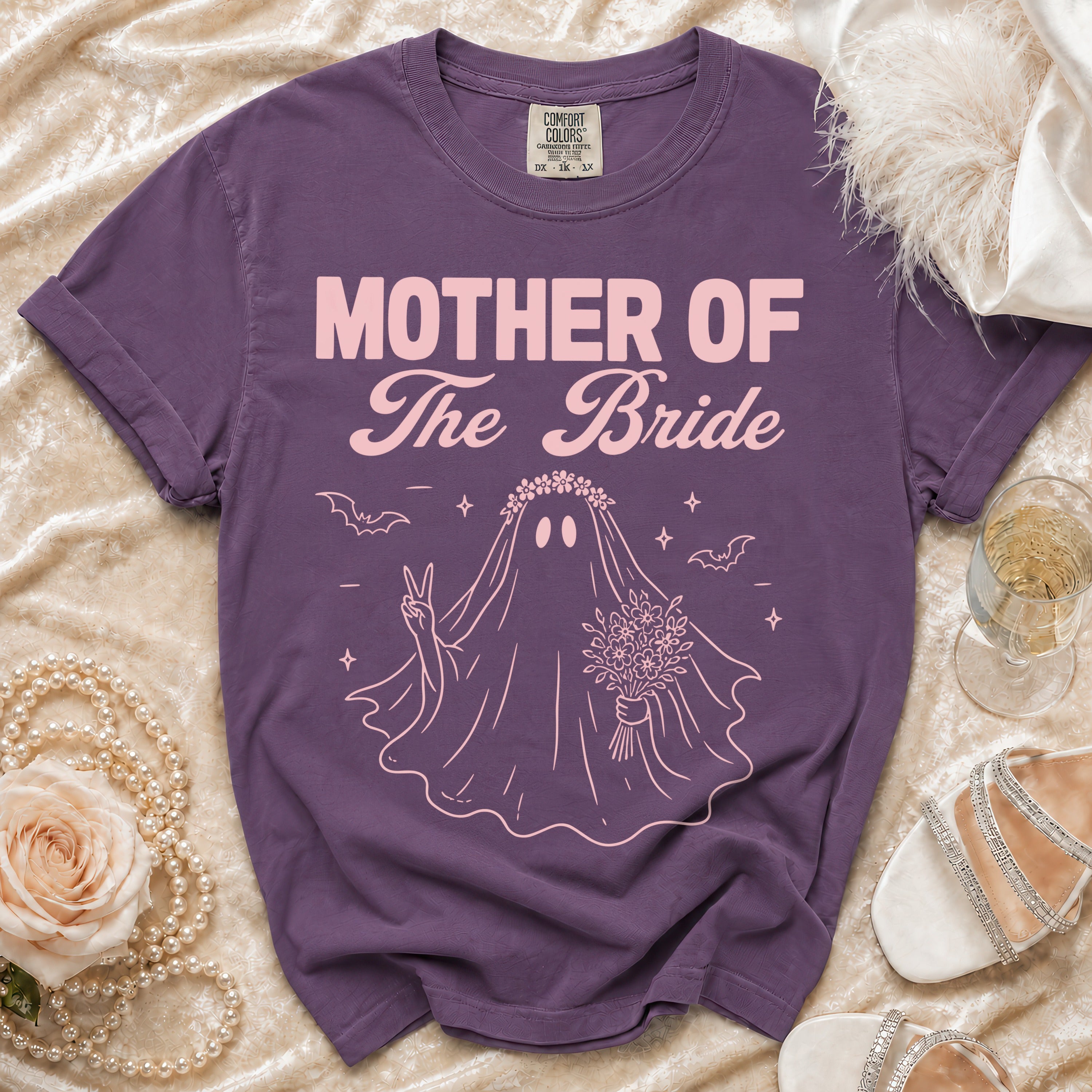 Purple t-shirt with "Mother of The Bride" text and a ghost bride graphic.