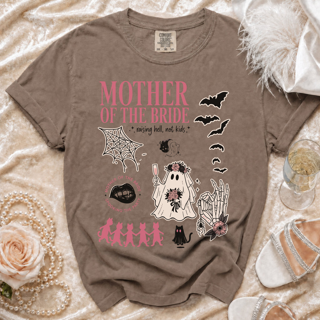 Brown t-shirt with "Mother of the Bride" text and Halloween-themed graphics.