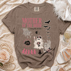 Brown t-shirt with "Mother of the Bride" text and Halloween-themed graphics.