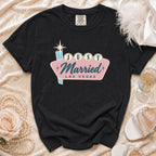 Black t-shirt with "JUST Married LAS VEGAS" in retro style lettering.