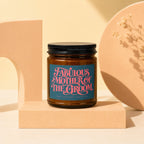Amber candle with "Fabulous Mother of the Groom" text on a teal label.