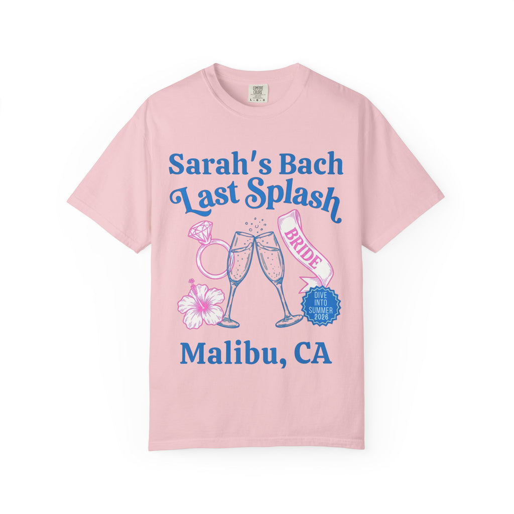 Pink t-shirt with "Sarah's Bach Last Splash BRIDE" text and floral graphics.