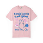 Pink t-shirt with "Sarah's Bach Last Splash BRIDE" text and floral graphics.