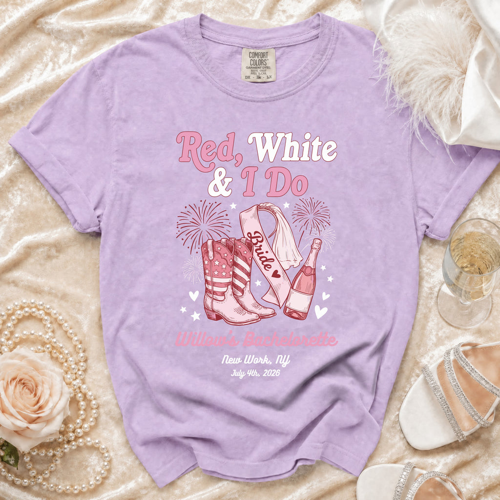 "Red, White & I Do" bachelorette t-shirt with cowboy boots, fireworks, and champagne.