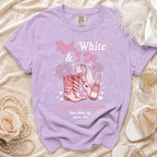 "Red, White & I Do" bachelorette t-shirt with cowboy boots, fireworks, and champagne.