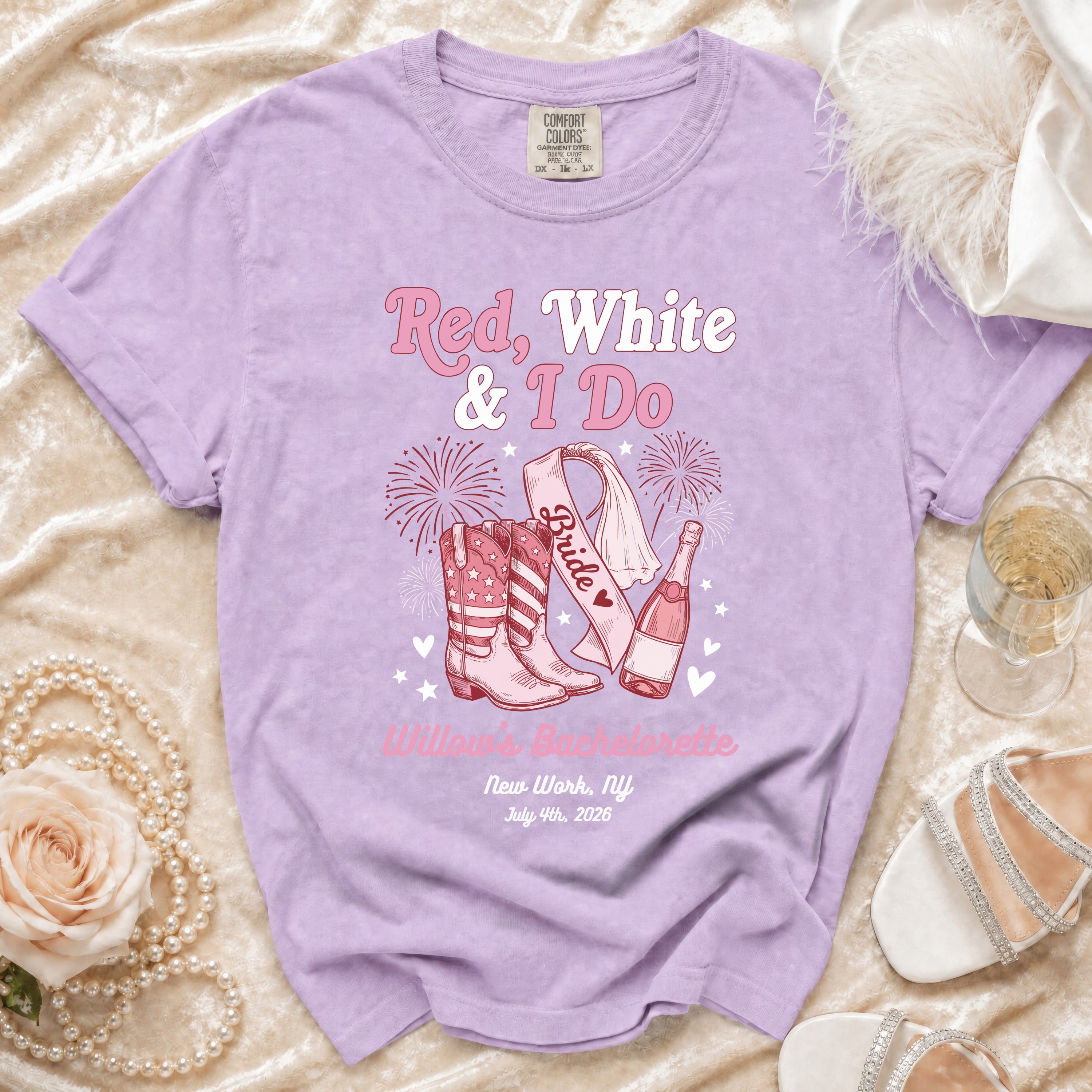 "Red, White & I Do" bachelorette t-shirt with cowboy boots, fireworks, and champagne.