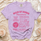 Purple t-shirt with pink "Maid of Honor Department" graphic about wedding responsibilities.