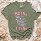 Olive t-shirt with "BRIDE CLUB 'til death do us party" skeleton graphic.