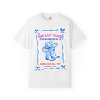 White t-shirt with "Her Last Rodeo Jennifer's Bach" and cowboy boots design.