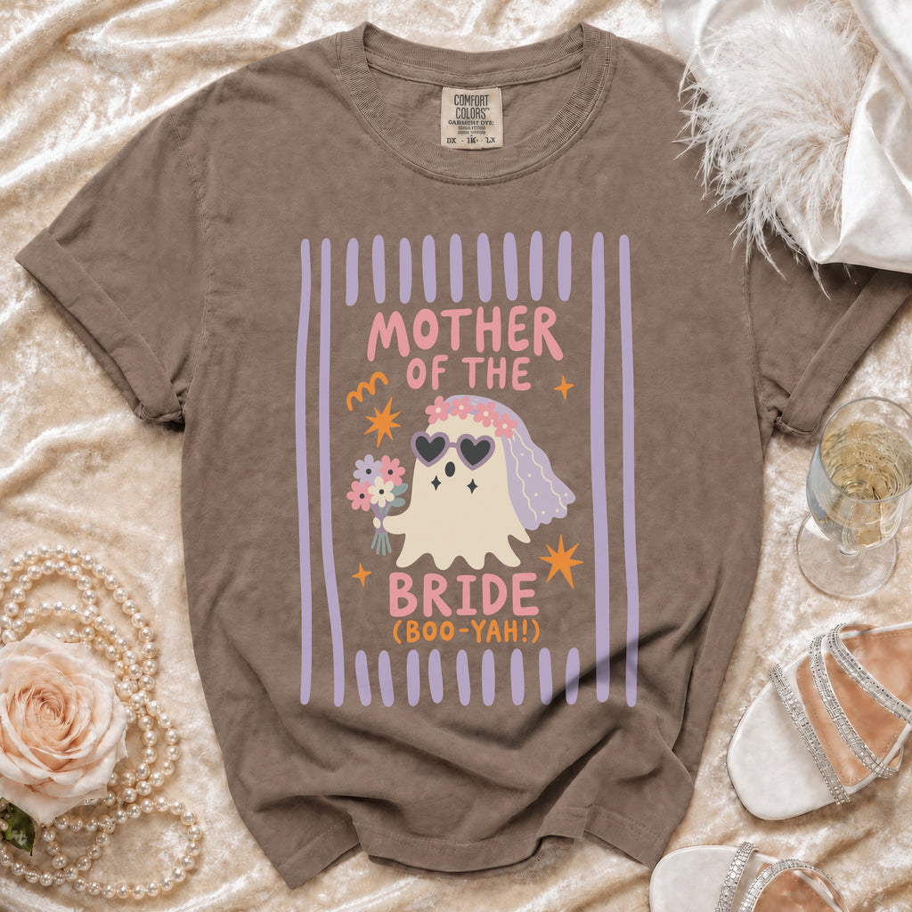 Brown t-shirt with "Mother of the Bride (Boo-Yah!)" graphic featuring a ghost bride.