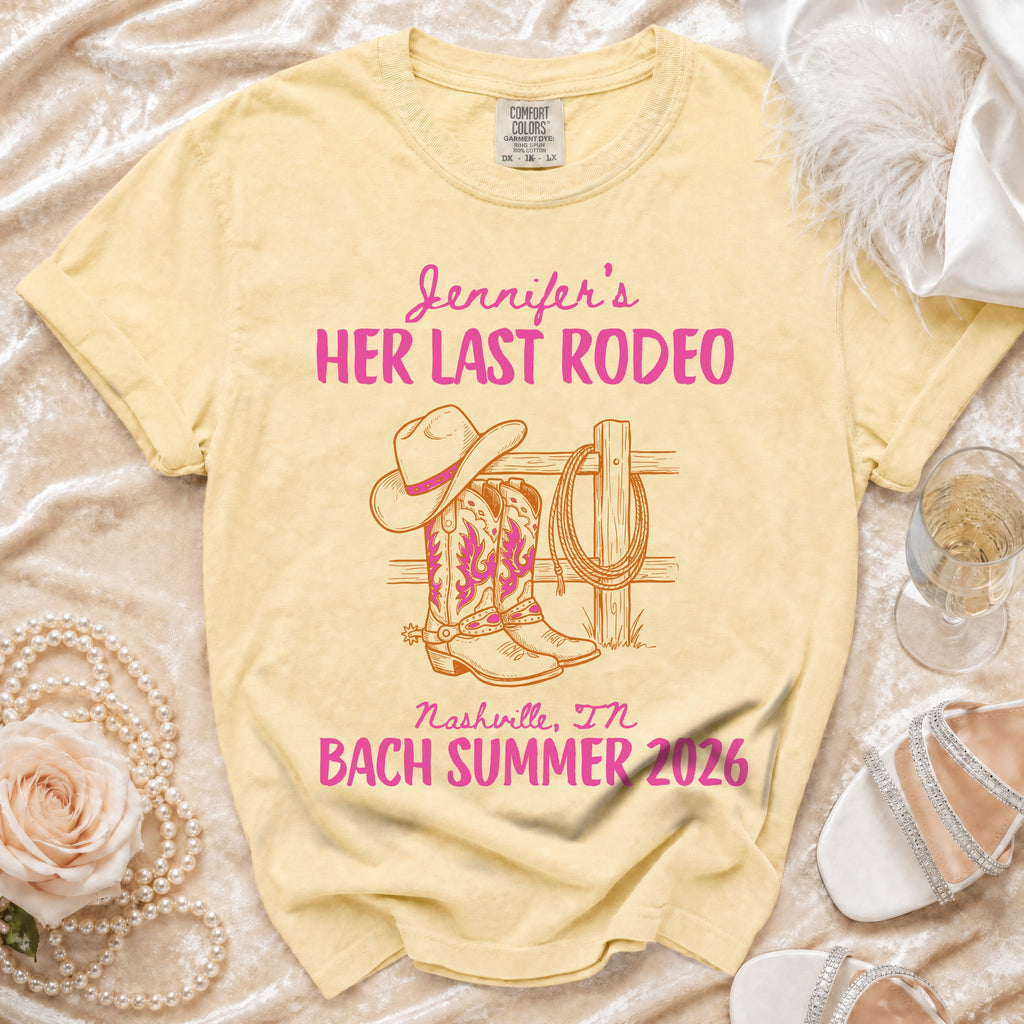 Yellow t-shirt with "Jennifer's Her Last Rodeo" and cowboy boot graphic.