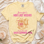 Yellow t-shirt with "Jennifer's Her Last Rodeo" and cowboy boot graphic.