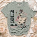Skeleton bride graphic t-shirt with "Mother of the Bride" and "Til Death Do We Party" text.