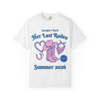 White t-shirt with "Jennifer's Bach Her Last Rodeo" and Western graphics.