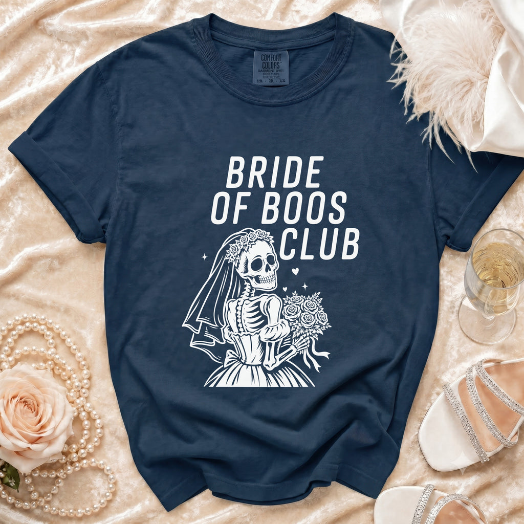 Navy t-shirt with "Bride of Boos Club" text and skeleton bride graphic.