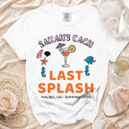 White t-shirt with "Sarah's Bach Last Splash" graphic, beach elements.