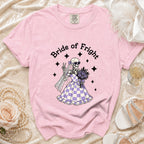 Pink t-shirt with skeleton bride graphic and "Bride of Fright" text.