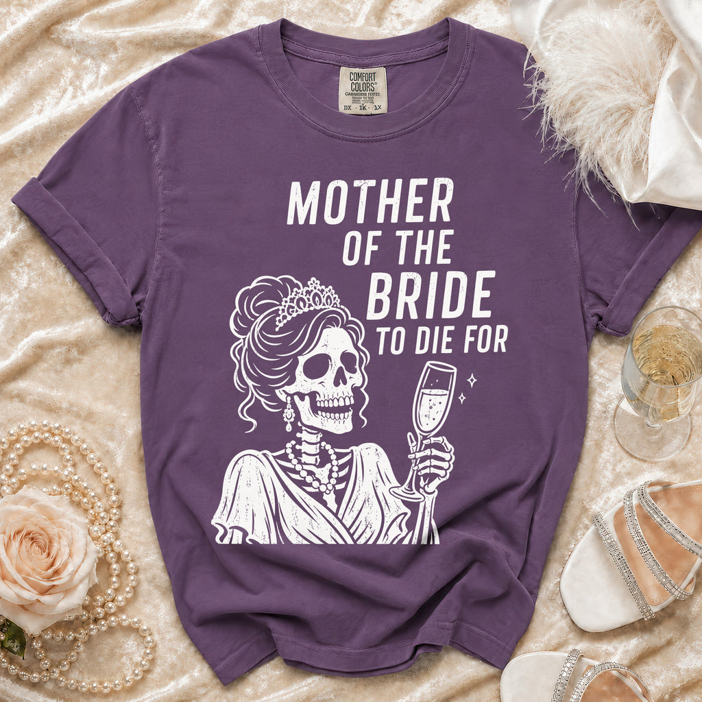 Purple t-shirt with skeleton bride and "Mother of the Bride to Die For" text.