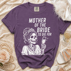 Purple t-shirt with skeleton bride and "Mother of the Bride to Die For" text.