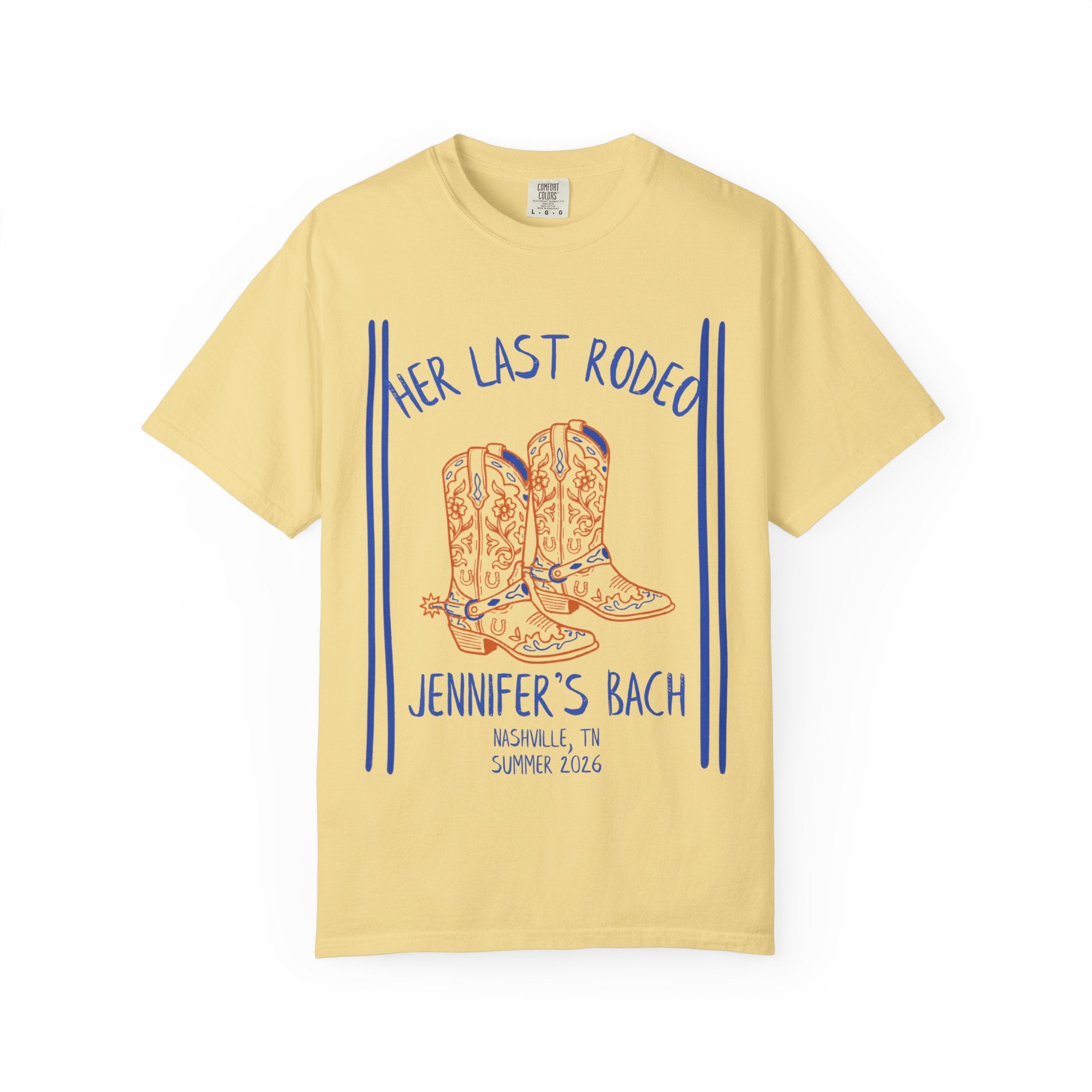 Yellow t-shirt with "Her Last Rodeo" and cowboy boots graphic.