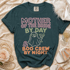 Dark teal t-shirt with "Mother of the Bride by Day & Boo Crew by Night" text.