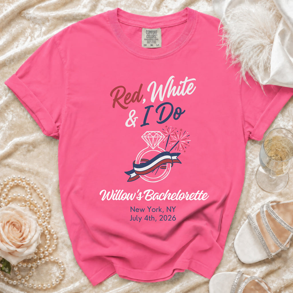 Pink t-shirt for "Willow's Bachelorette" on July 4th, 2026.