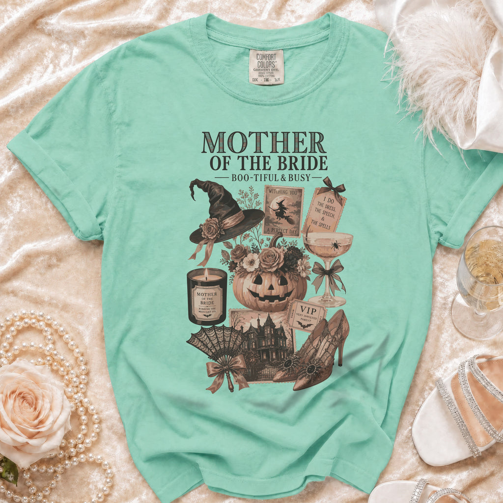 Teal Comfort Colors t-shirt with "Mother of the Bride" Halloween graphic.