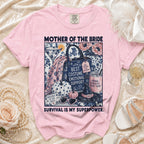 Pink t-shirt with "Mother of the Bride" graphic and "Survival is my superpower" text.