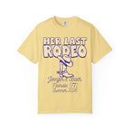 Yellow t-shirt with "HER LAST RODEO" text, cowboy boot, and bachelorette details.