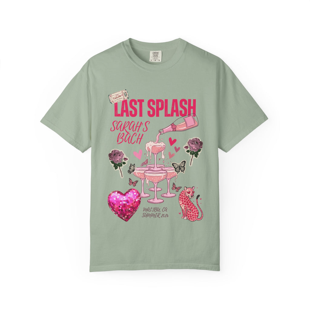 Sage green t-shirt with "Last Splash Sarah's Bach" text and party graphics.