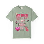 Sage green t-shirt with "Last Splash Sarah's Bach" text and party graphics.